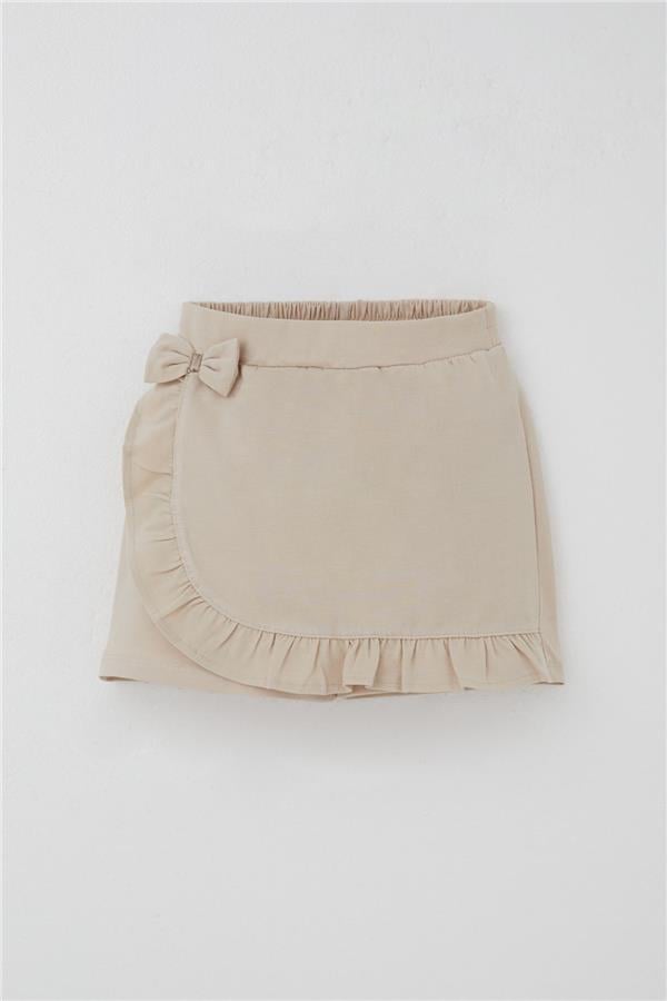 Girls' Short Skirt with Bow Accessory and Ruffles, Beige (Ages 6-10)