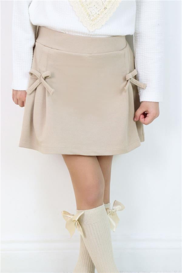 Girls' Short Skirt with Bow Accessory, Elastic Waist, Beige (Ages 3-7)