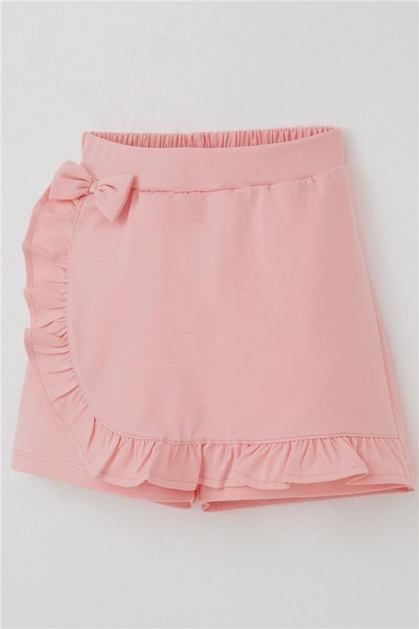 Girls' Short Skirt with Bow Accessory, Ruffles, Salmon Color (Ages 6-10)
