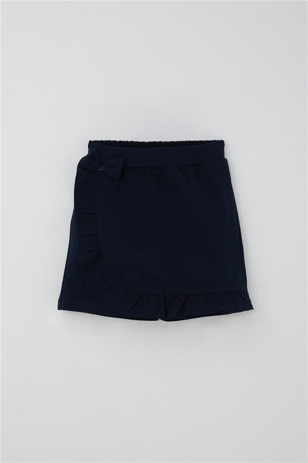Girls' Short Skirt with Bow Accessory and Ruffles, Navy Blue (Ages 6-10)