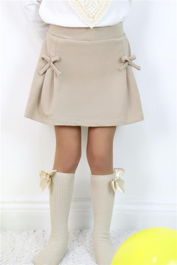 Girls' Short Skirt with Bow Accessory, Elastic Waist, Beige (Ages 3-7)