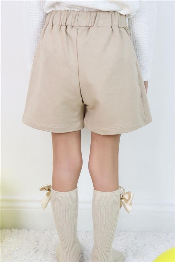 Girls' Short Skirt with Bow Accessory, Elastic Waist, Beige (Ages 3-7)
