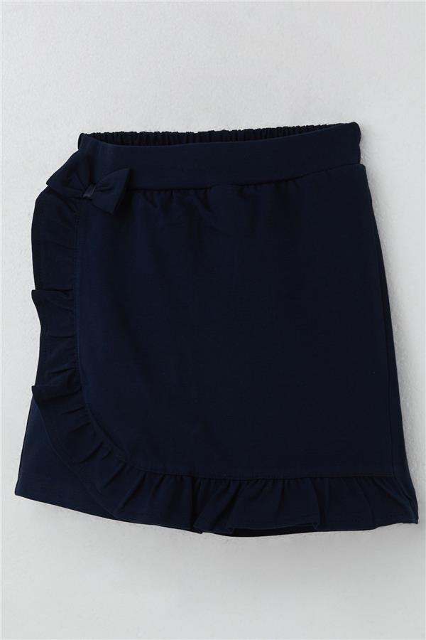 Girls' Short Skirt with Bow Accessory and Ruffles, Navy Blue (Ages 6-10)