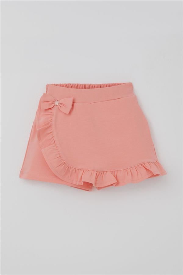 Girls' Short Skirt with Bow Accessory, Ruffles, Salmon Color (Ages 3-8)