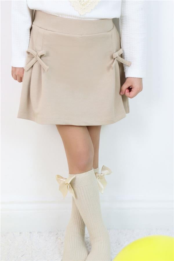 Girls' Short Skirt with Bow Accessory, Elastic Waist, Beige (Ages 3-7)
