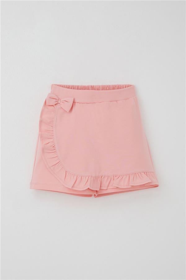 Girls' Short Skirt with Bow Accessory, Ruffles, Salmon Color (Ages 6-10)