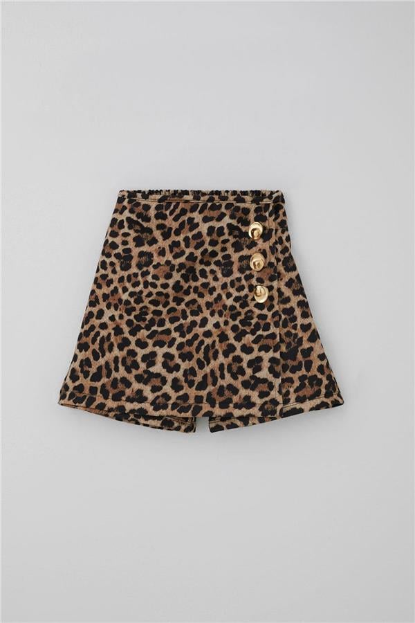 Girls' Short Skirt, Leopard Print, Button Accessory, Brown (Ages 6-12)