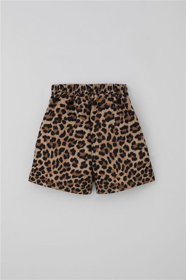 Girls' Short Skirt, Leopard Print, Button Accessory, Brown (Ages 6-12)