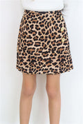 Girls' Short Skirt, Leopard Print, Button Accessory, Brown (Ages 6-12)