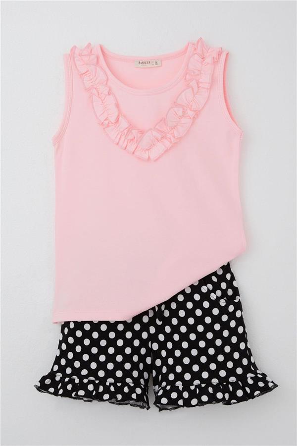 Girls' Shorts Set in Neon Pink with Polka Dot, Bow and Ruffles (Ages 4-8)