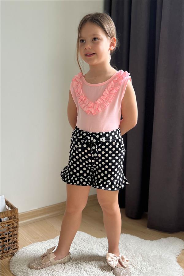 Girls' Shorts Set in Neon Pink with Polka Dot, Bow and Ruffles (Ages 4-8)