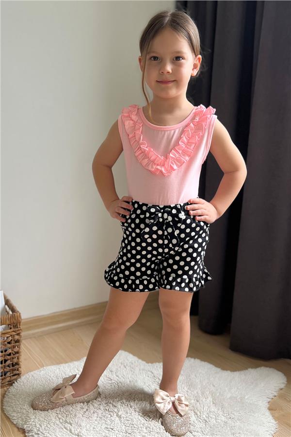 Girls' Shorts Set in Neon Pink with Polka Dot, Bow and Ruffles (Ages 4-8)