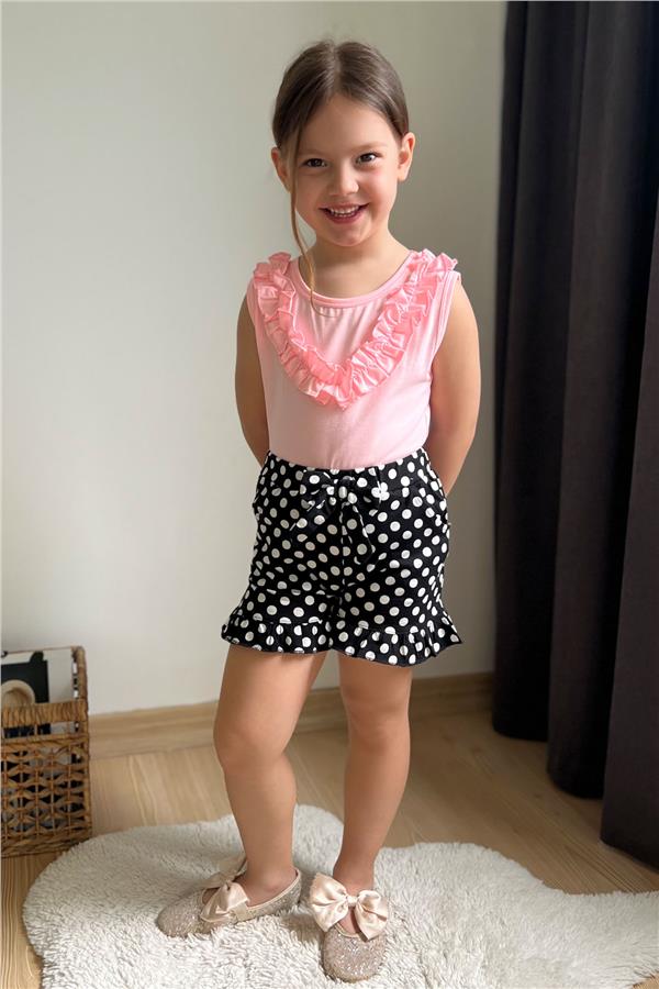 Girls' Shorts Set in Neon Pink with Polka Dot, Bow and Ruffles (Ages 4-8)