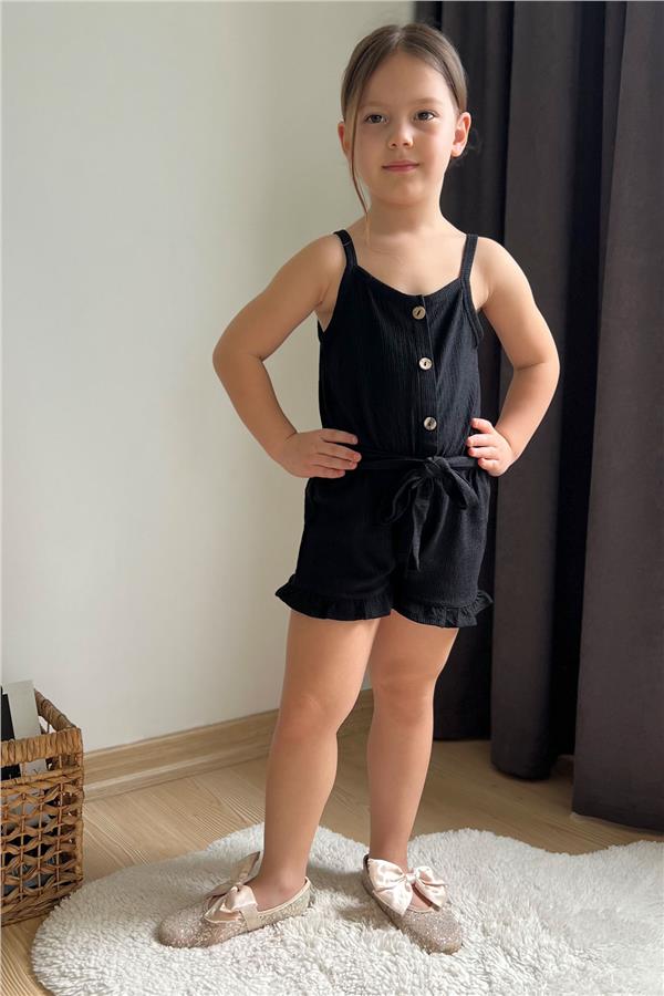Girls' Shorts Jumpsuit with Buttons and Belt, Black (Ages 4-8)