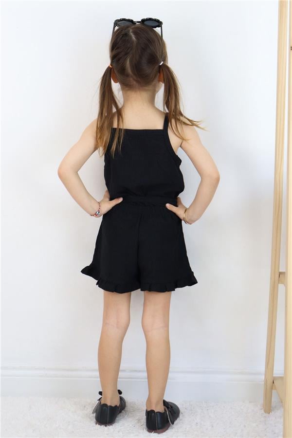 Girls' Shorts Jumpsuit with Buttons and Belt, Black (Ages 4-8)
