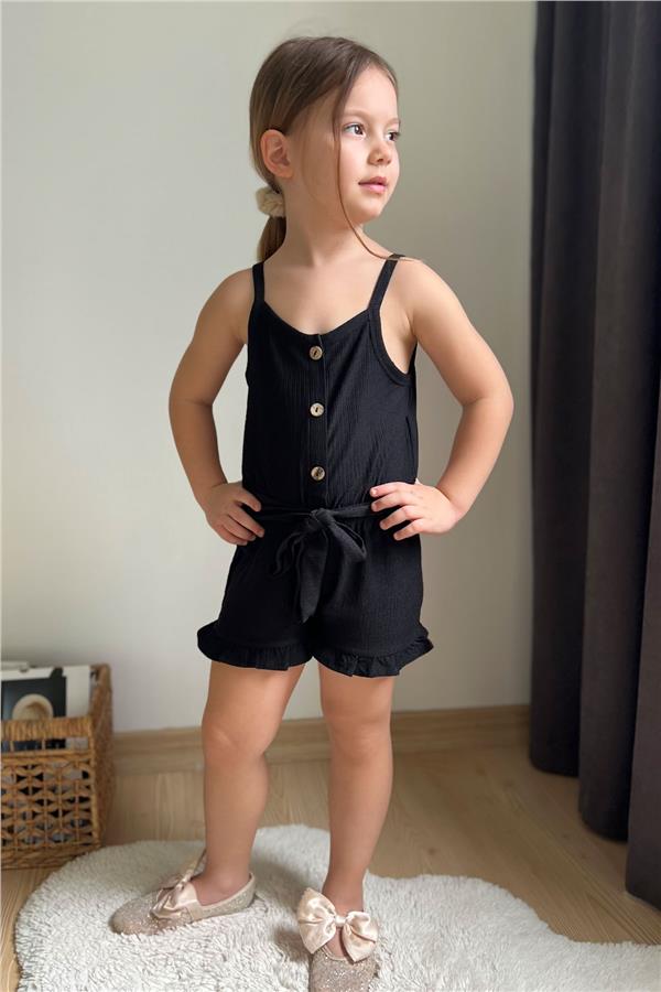 Girls' Shorts Jumpsuit with Buttons and Belt, Black (Ages 4-8)