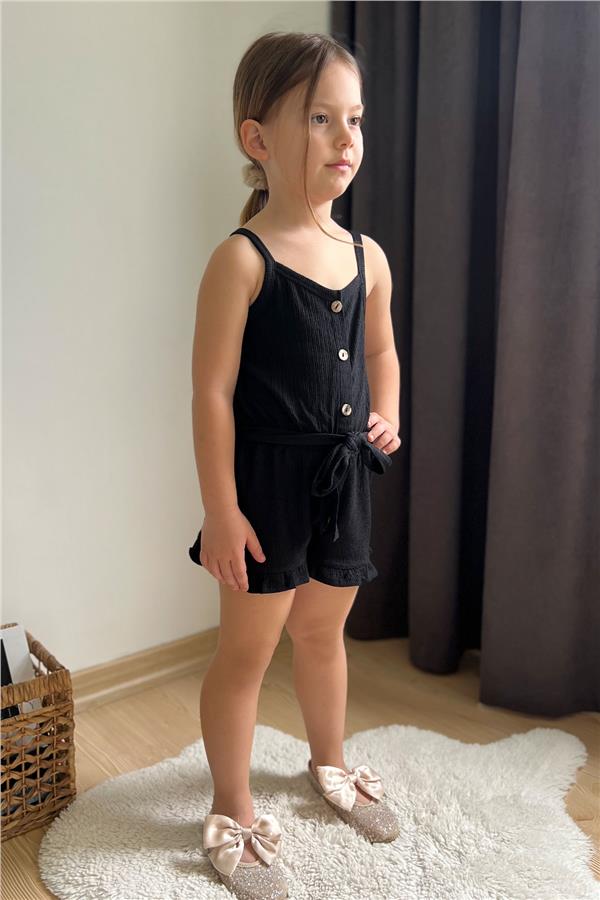Girls' Shorts Jumpsuit with Buttons and Belt, Black (Ages 4-8)