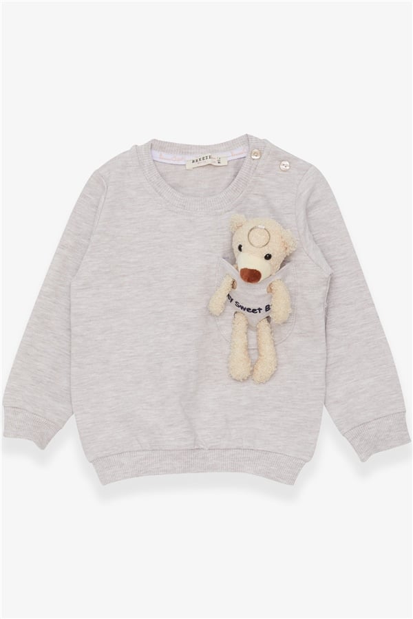 Girls' Sweatshirt with Teddy Bear Accessory, Beige Melange (1.5-4 Years)