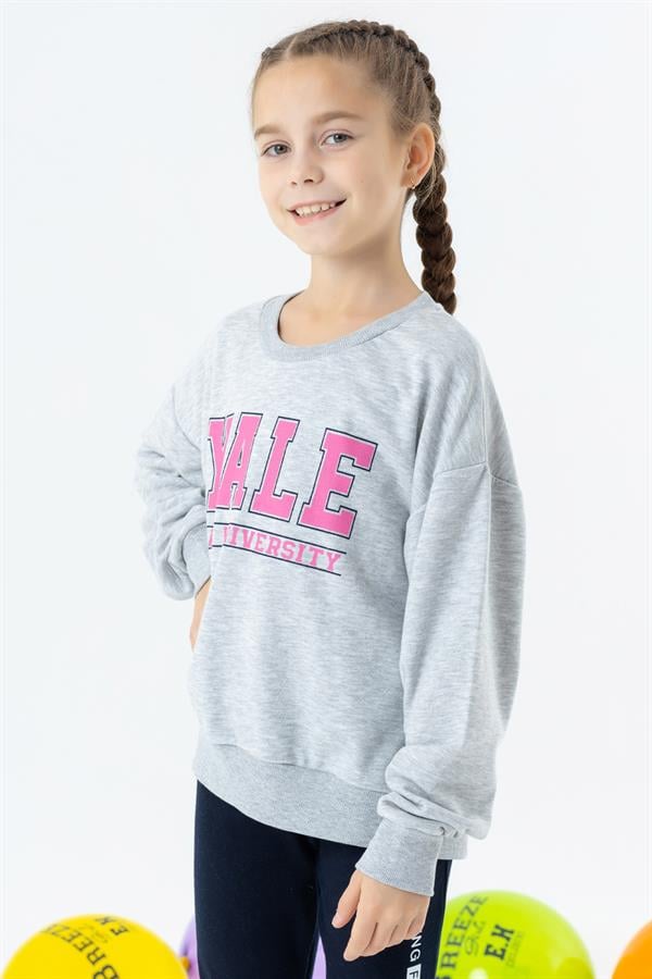 Girls' Printed Sweatshirt Grey Melange (Ages 8-14)