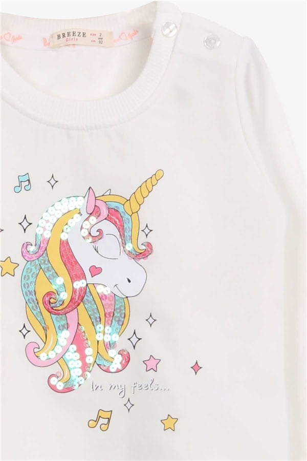 Baby Girl Sweatshirt with Sequined Unicorn Print, Ecru (2 Years)