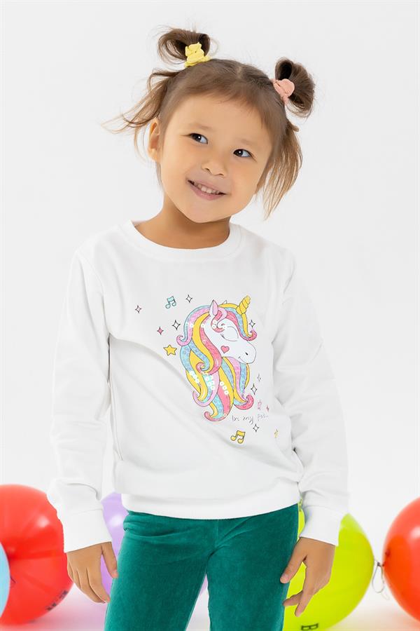 Baby Girl Sweatshirt with Sequined Unicorn Print, Ecru (2 Years)