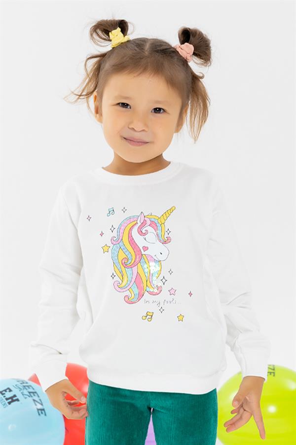 Baby Girl Sweatshirt with Sequined Unicorn Print, Ecru (2 Years)