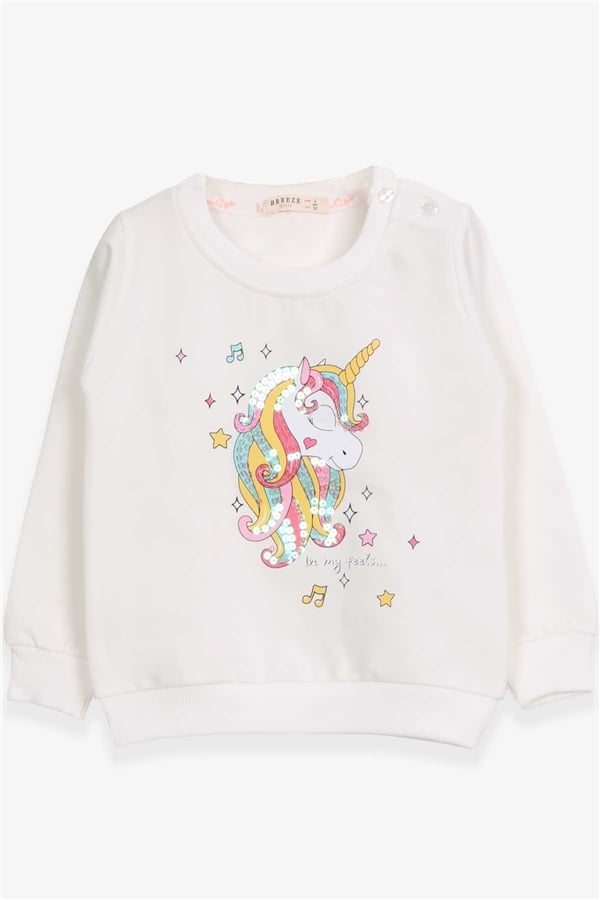 Baby Girl Sweatshirt with Sequined Unicorn Print, Ecru (2 Years)