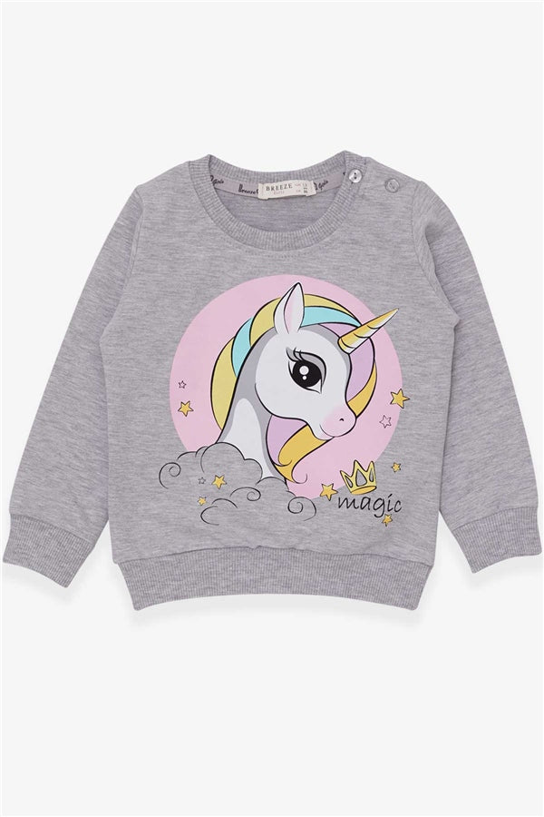 Baby Girl Sweatshirt with Unicorn Print, Grey Melange (1.5-2 Years)