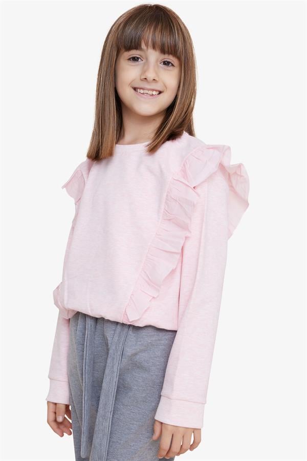 Girls' Sweatshirt with Elastic Waist, Salmon Melange (Ages 4-5)