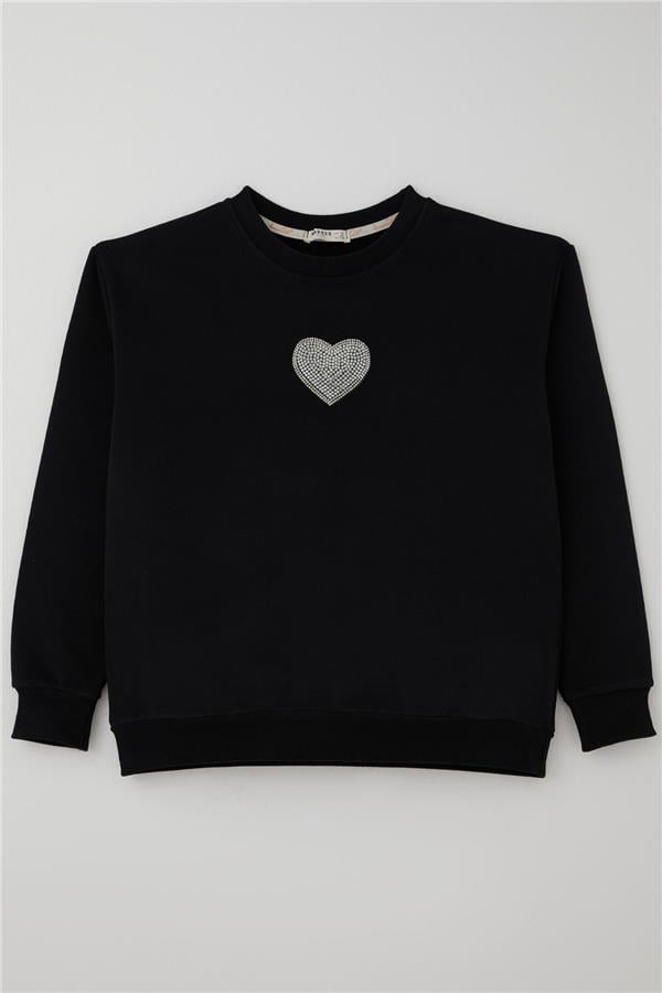 Girls' Sweatshirt with Sparkling Heart Fairy Tale Design and Pearl Embellished, Black (Ages 9-14)