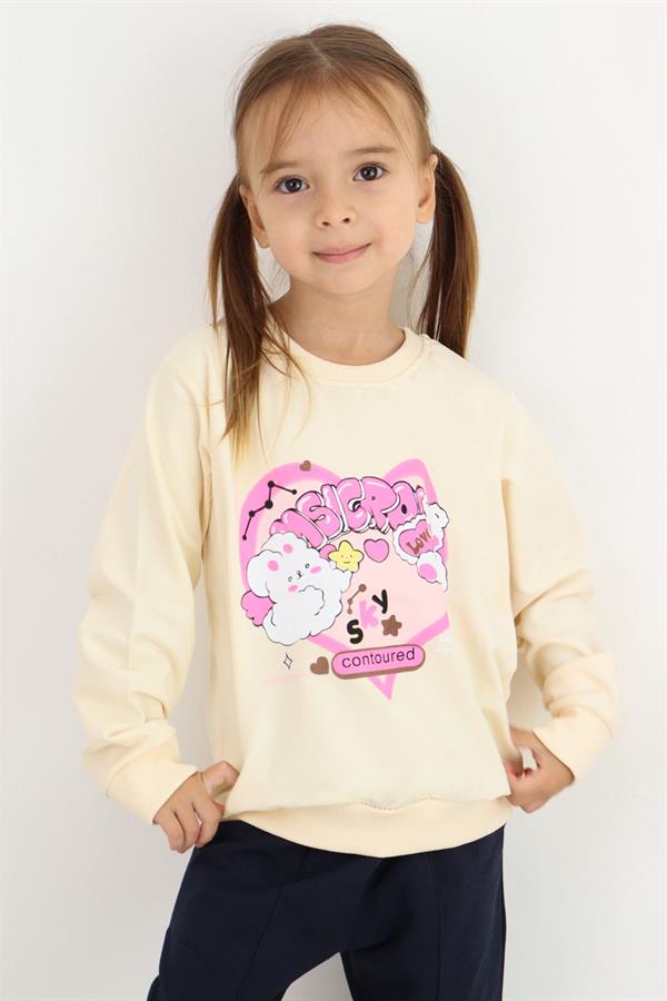 Girls' Sweatshirt with Heart Print, Cream (Ages 2-4)