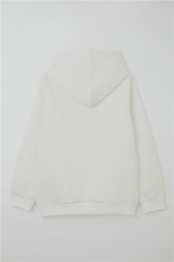 Girls' Sweatshirt, Quilted Pattern, Kangaroo Pocket, Ecru (Ages 8-14)