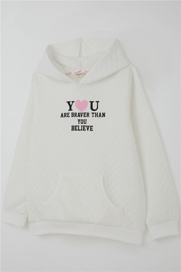 Girls' Sweatshirt, Quilted Pattern, Kangaroo Pocket, Ecru (Ages 8-14)
