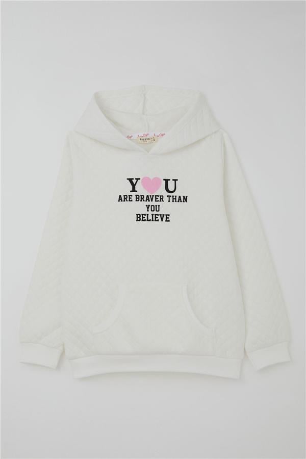 Girls' Sweatshirt, Quilted Pattern, Kangaroo Pocket, Ecru (Ages 8-14)
