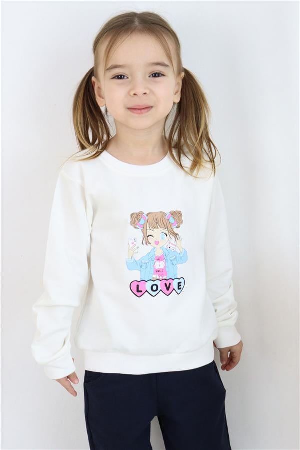 Girls' Sweatshirt with Girl Print, Off-White (1.5-3 Years)