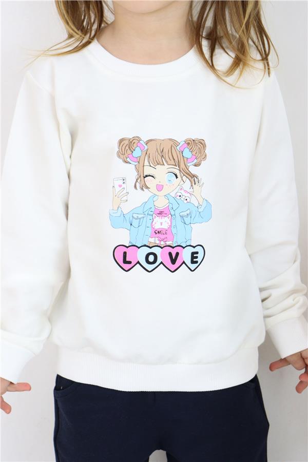 Girls' Sweatshirt with Girl Print, Off-White (1.5-3 Years)