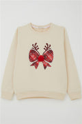 Girls' Sweatshirt with Pom-Poms and Christmas Ribbon, Cream (Ages 6-12)