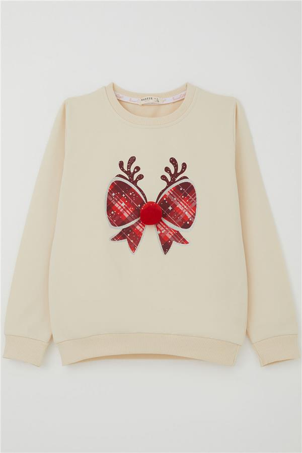 Girls' Sweatshirt with Pom-Poms and Christmas Ribbon, Cream (Ages 6-12)