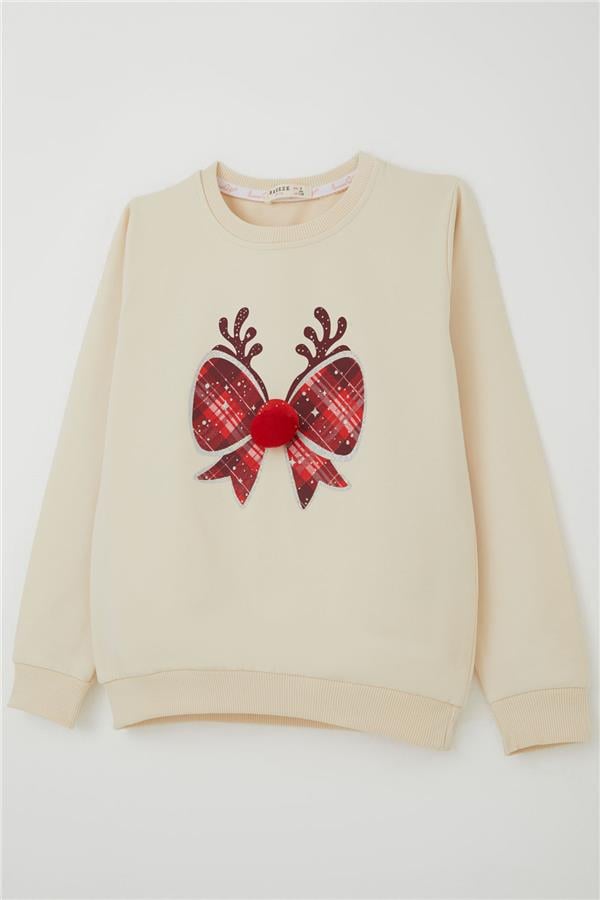 Girls' Sweatshirt with Pom-Poms and Christmas Ribbon, Cream (Ages 6-12)