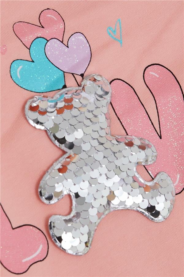 Baby Girl Sweatshirt with Sequins, Teddy Bear Accessory, Glittery Text Print, Salmon (1.5-2 Years)