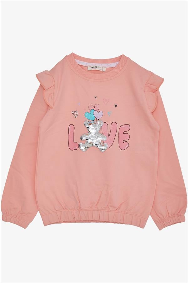 Baby Girl Sweatshirt with Sequins, Teddy Bear Accessory, Glittery Text Print, Salmon (1.5-2 Years)
