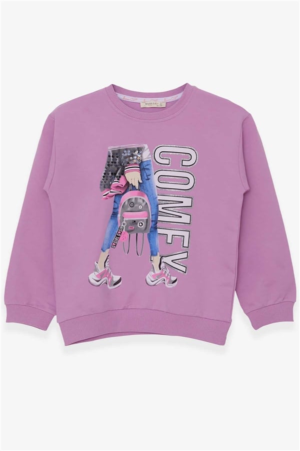 Girls' Sweatshirt with Sequin Print, Purple (Ages 9-14)