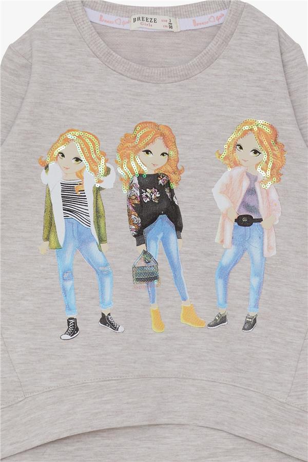 Girls' Sweatshirt with Sequin Girl Print, Beige Melange (Ages 3-4)