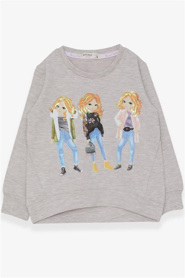 Girls' Sweatshirt with Sequin Girl Print, Beige Melange (Ages 3-4)