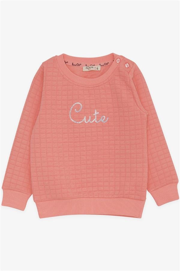 Girls' Sweatshirt with Sequins and Text Print, Salmon (1.5-5 Years)
