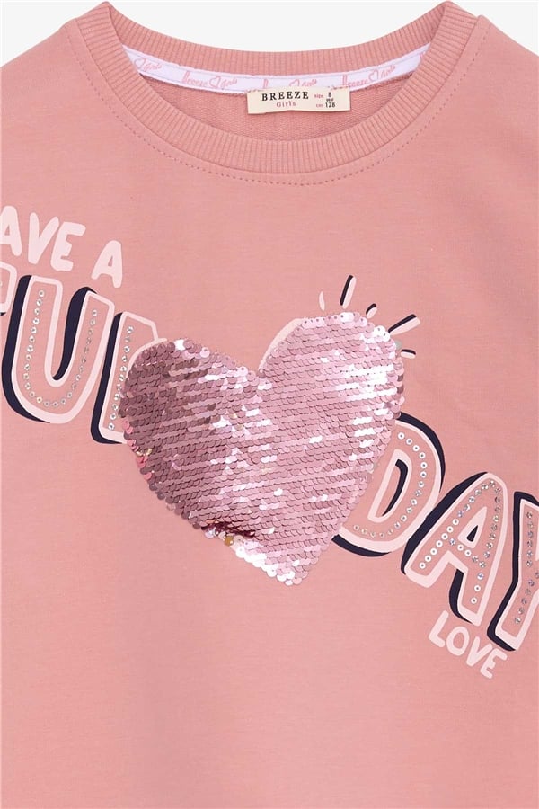Girls' Sweatshirt with Sequins and Text Print, Rose Pink (Ages 4-5)