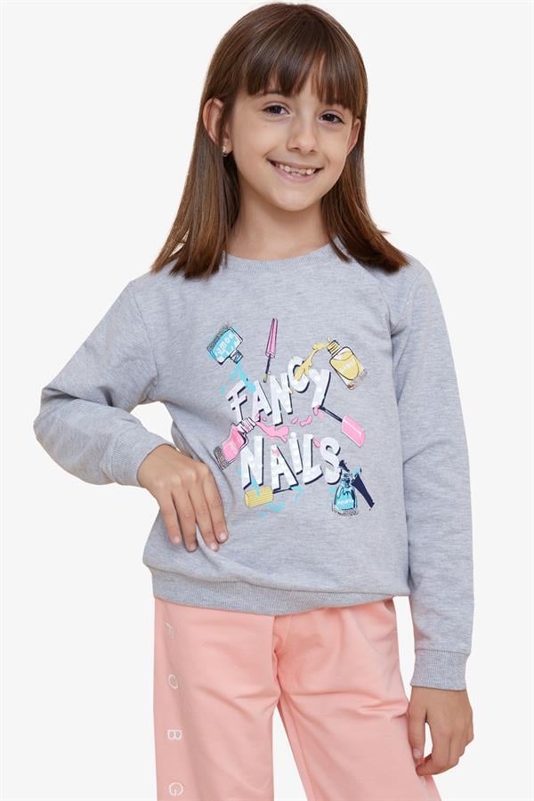 Girls' Sweatshirt with Colorful Nail Polish Print, Grey Melange (Ages 6-12)
