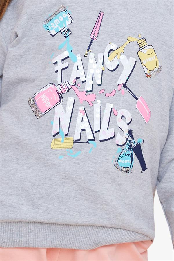 Girls' Sweatshirt with Colorful Nail Polish Print, Grey Melange (Ages 6-12)