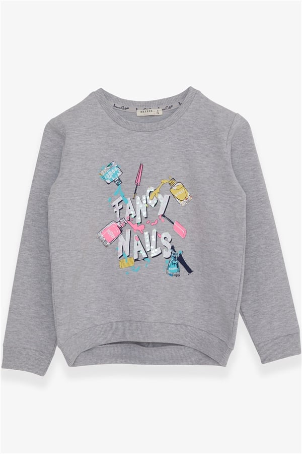 Girls' Sweatshirt with Colorful Nail Polish Print, Grey Melange (Ages 6-12)