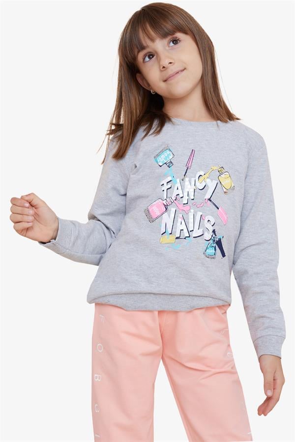 Girls' Sweatshirt with Colorful Nail Polish Print, Grey Melange (Ages 6-12)